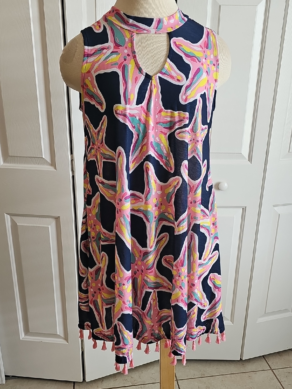 simply sotheren Starfish Tassel Shift Dress Womens Size S Navy Pink Coastal Knit